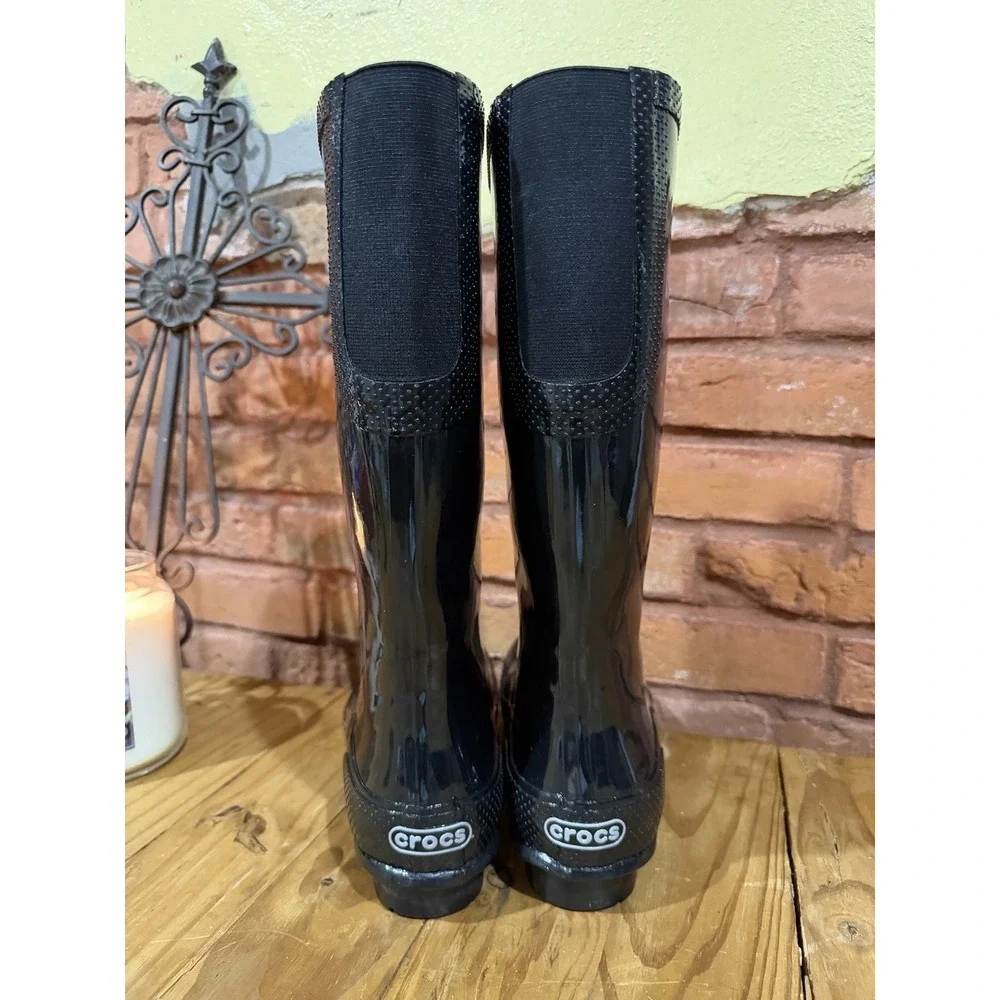 Crocs Women's 10 Gloss Black Slip On Waterproof Rubber Tall Boot Wellies Garden